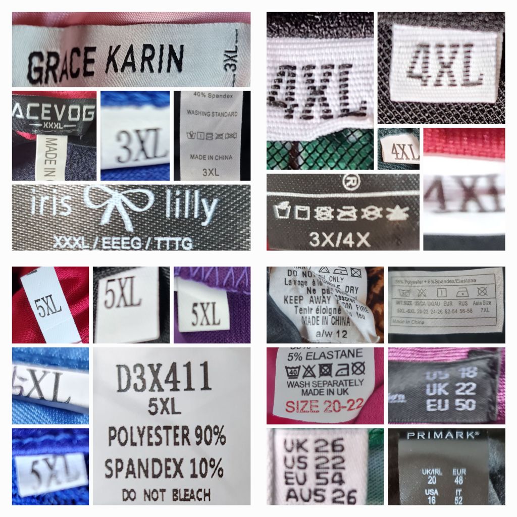 5 instances of XXXL, a 3X/4X, 4 instances of XXXXL, 6 instances of 5XL, and misc 12, 20-22, 22, 26, 20