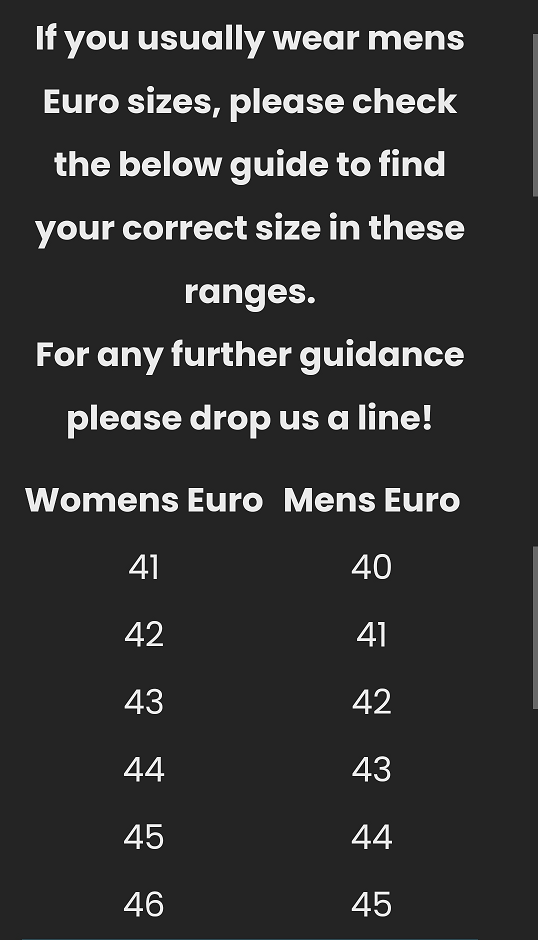 Table of EU Women's shoe sizes versus EU Men's shoe sizes. But they are supposed to be the same....!