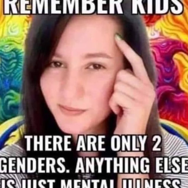 An offensive and ignorant meme reading "Remember kids: there are only 2 genders. Anything else is just mental illness". Ugh.