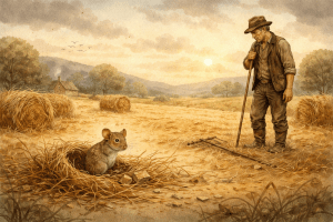 A man working in a field, a mouse in the foreground. Reminiscent of the Robert Burns poem "To a mouse" from 1785