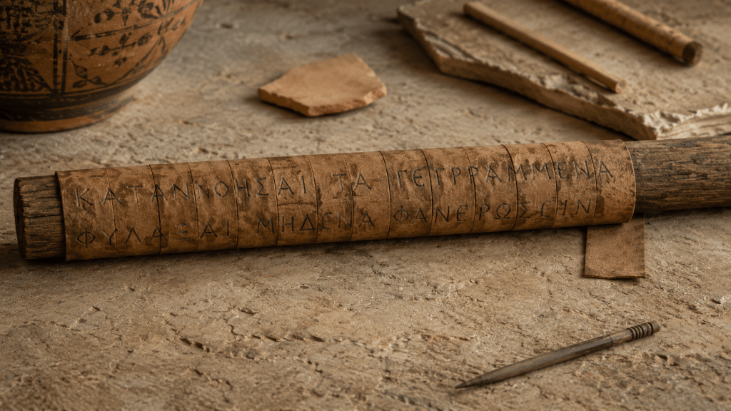 A leather strip wound spirally around a wooden rod aligns Greek letters into a readable cipher message.