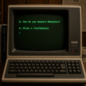 Green-screen VT100 terminal shows: “Q: How do you measure #dadjokes? A: Hfvat n fvtufzbtencu”