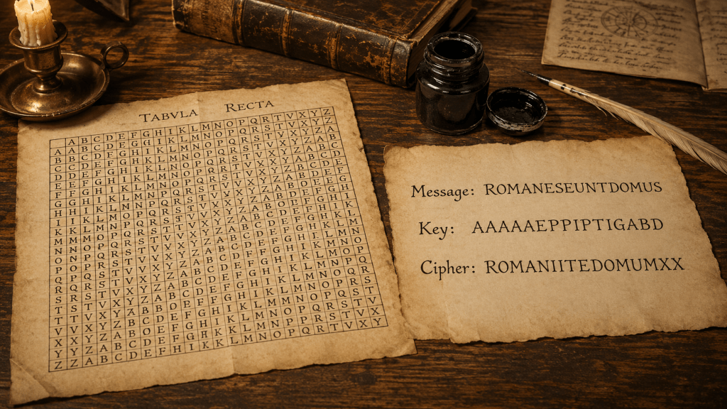 Tabula Recta cipher table beside parchment listing message ROMANESEUNTDOMUS, key AAAAAEPPIPTIGABD, cipher ROMANIITEDOMUMXX.