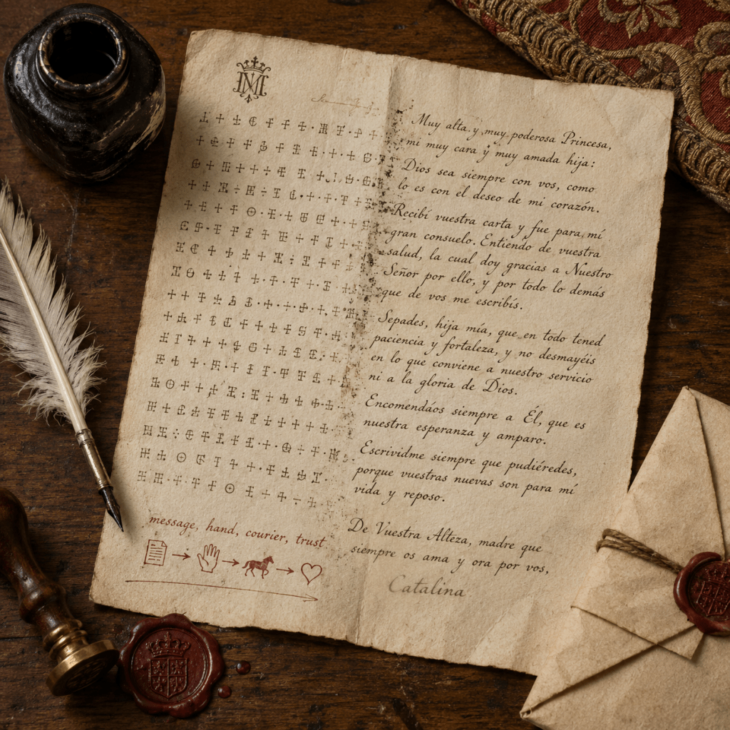 Tudor letter shows cipher symbols changing into Spanish handwriting, with quill, ink, seal and folded envelope.