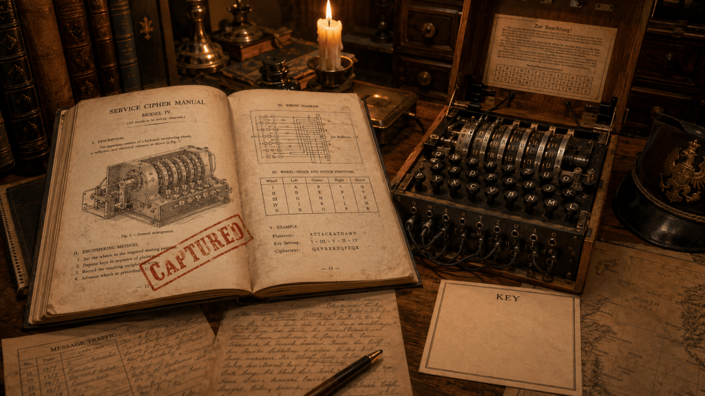 Captured cipher manual lies open beside a cipher machine, logs, map, and blank key sheet under candlelight.