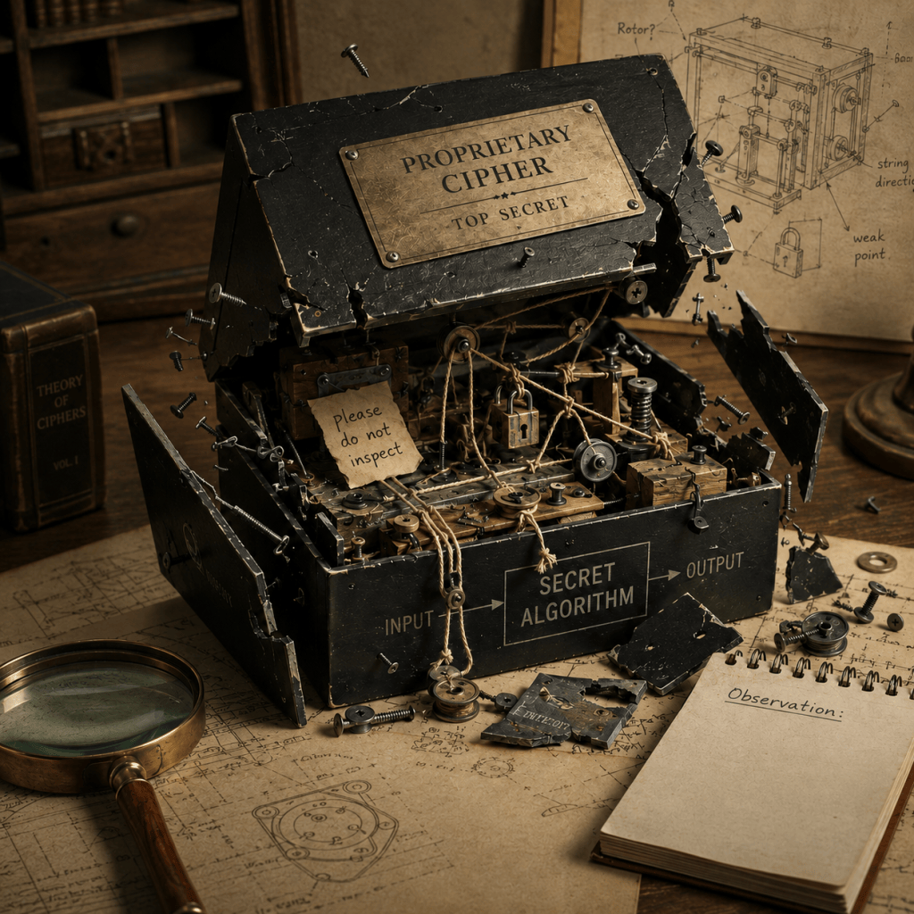 Cracked “Proprietary Cipher” box exposes a tangled secret algorithm, locks, loose screws and a “do not inspect” note.
