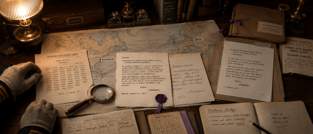 Wide, cinematic illustration of a 1917 British Room 40 intelligence desk. Enciphered, decoded and sanitised copies of the Zimmermann Telegram lie across a map tracing its route from Berlin through Washington to Mexico City. Admiralty codebooks, an intercept log, disclosure notes and a folder marked “Source protected: do not reveal origin” show the effort to use the intelligence without exposing how it was obtained. Gloved hands work beside a magnifying glass, while a purple wax seal and ribbon provide subtle colour accents.