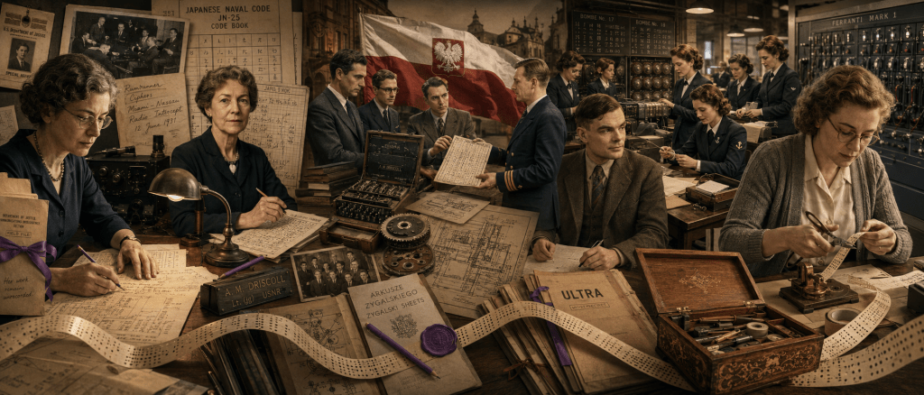 Wide, sepia-toned composite illustration celebrating the people behind early cryptography and computing. At the left, two women analyse intercepted messages beside radio equipment, naval code sheets, rumrunner ciphers and a nameplate marked “A. M. Driscoll”. In the centre, three Polish mathematicians work with an Enigma machine and perforated Zygalski sheets beneath a large Polish flag, while technical knowledge is passed to a British naval officer. To the right, a thoughtful male cryptanalyst sits beside an “ULTRA” file as numerous women operate rows of British Bombe machines. At the far right, another woman uses scissors and a hand punch to repair paper tape beside a Ferranti Mark 1 computer and an ornate wooden tool box. Papers, machine parts, codebooks and punched tape flow across the foreground, linking cryptanalysis to early software maintenance. Small purple ribbons, pens and a wax seal provide colour accents. The crowded scene emphasises the mathematicians, engineers, operators, analysts and programmers whose work made the celebrated machines possible, but whose names were often omitted from history. And in some cases did not survive intact to experience it.