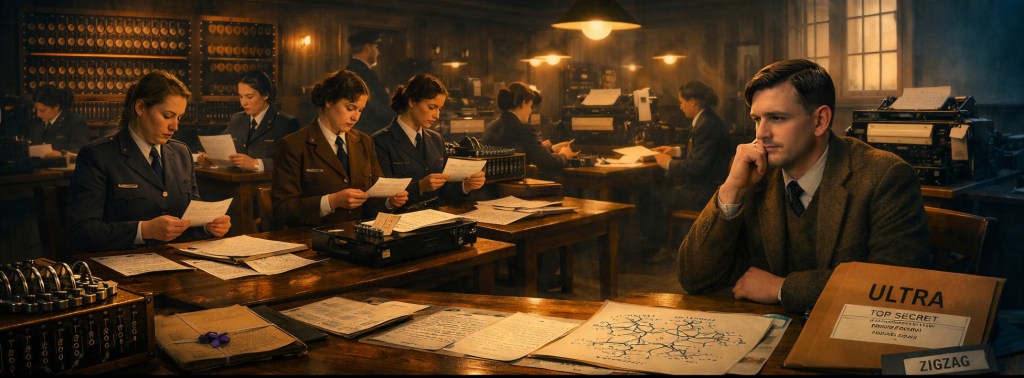 Wide, cinematic illustration of a warmly lit Bletchley Park codebreaking room. Women in wartime uniforms dominate the busy workspace, reading intercepted messages and operating cryptanalytic equipment, while an Enigma machine sits in the lower-left foreground. Alan Turing appears thoughtfully at the right beside mathematical papers, a morphogenesis-style sketch, and files marked “ULTRA”, “TOP SECRET” and “ZIGZAG”. A small purple ribbon accents the scene, which emphasises the collective labour behind breaking Enigma and protecting the ULTRA secret.