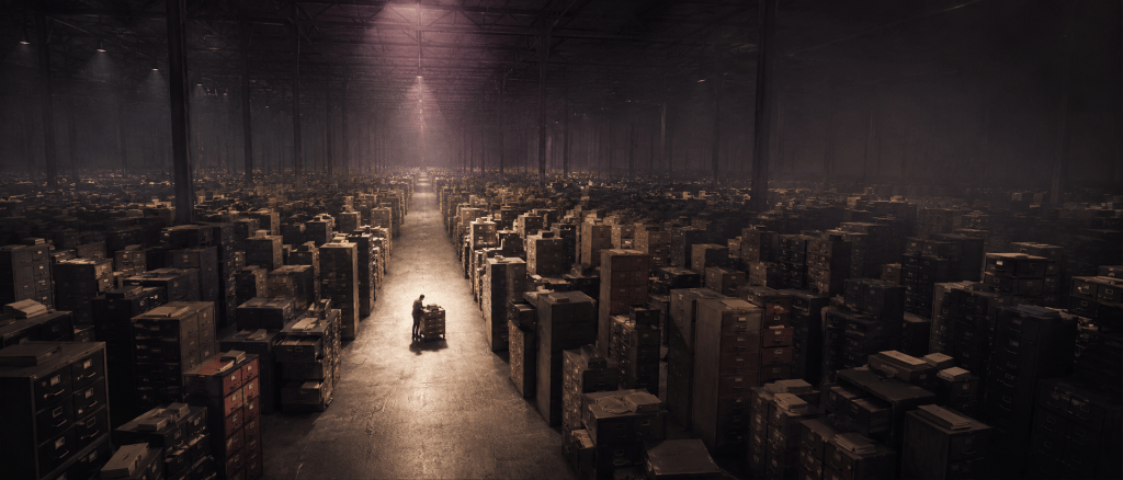 Wide, cinematic view of an immense, dimly lit warehouse stretching far into the distance, filled with thousands upon thousands of old metal filing cabinets arranged in dense rows. A single figure stands small and isolated in the central aisle beside one cabinet, emphasising the almost absurd scale of the archive. Pools of warm overhead light pick out drawers, labels, scattered papers and battered cabinet fronts, while the vast steel roof structure disappears into haze and darkness. The scene evokes the final warehouse shot from Raiders of the Lost Ark, but replaces the endless wooden crates with an apparently limitless physical filesystem: countless drawers containing information, provided only that somebody still knows which one to open.
