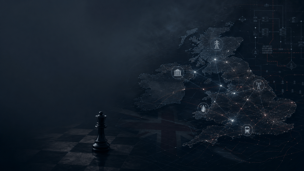 A dark, ominous digital illustration of the United Kingdom overlaid with a web of glowing network connections linking government, power, water, telecommunications and transport infrastructure. Faint diagrams of routers, servers, users and security controls recede into the darkness behind the map, while subtle red pathways suggest hidden access routes through the system. In the foreground, a lone black chess piece stands on a shadowed chessboard, implying patience, strategy and an adversary prepared to wait. The left side fades into near-black empty space, giving the whole scene a quiet, watchful and deliberately sinister atmosphere.