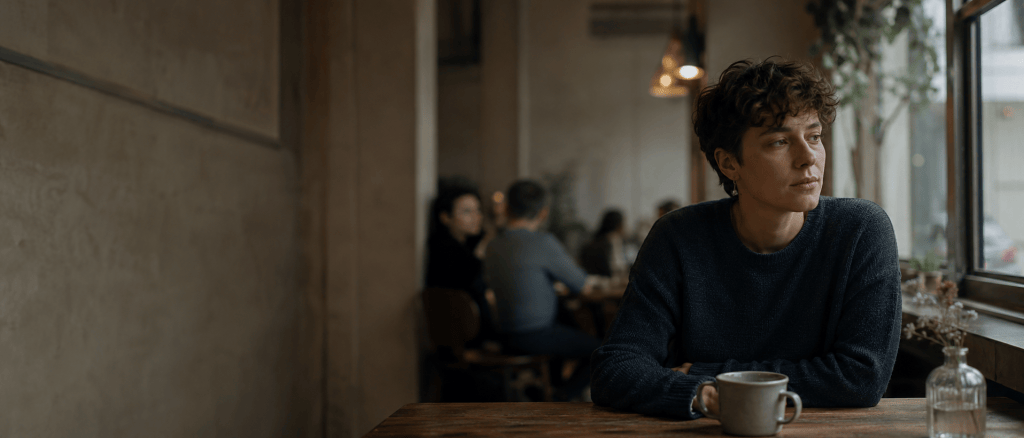 A young adult with short, tousled dark hair sits alone at a wooden café table beside a large window, arms loosely folded around a mug. They gaze outside with a distant, thoughtful expression while several other customers talk together in the softly blurred background. Warm interior lights contrast with the cooler daylight at the window, creating a quiet sense of being physically among other people while emotionally somewhere else. The muted colours and generous empty space around the figure give the scene an introspective, slightly isolated mood without making it overtly sad.