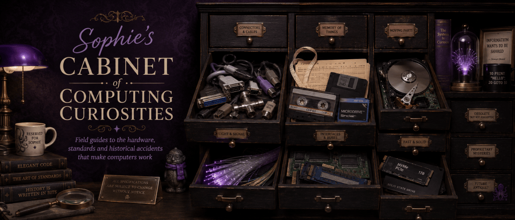 Wide, dark purple and sepia illustration of Sophie’s Cabinet of Computing Curiosities, imagined as an old wooden museum cabinet filled with the strange physical history of computing. Open drawers contain tangled vintage connectors and cables, punched cards and paper tape, an audio cassette, Sinclair Microdrive, exposed hard disk, fibre-optic strands, circuit boards, expansion cards and a modern NVMe solid-state drive. Other closed drawers are labelled with broader and more mysterious categories, suggesting obsolete technologies, proprietary mysteries and future antiques still waiting to be discovered. Alongside the cabinet are a purple desk lamp, technical books, magnifying glass and small eccentric ornaments, giving the scene the atmosphere of a Victorian collector’s study crossed with a computer laboratory. The image deliberately leaves several drawers unopened, implying that Sophie’s collection of technological curiosities can continue to expand. Any resemblance between the bald figure wearing a purple scarf and Sir Uncle Clive Sinclair is suspiciously intentional and it is his proximity to the Microdrive that is, naturally, entirely coincidental.