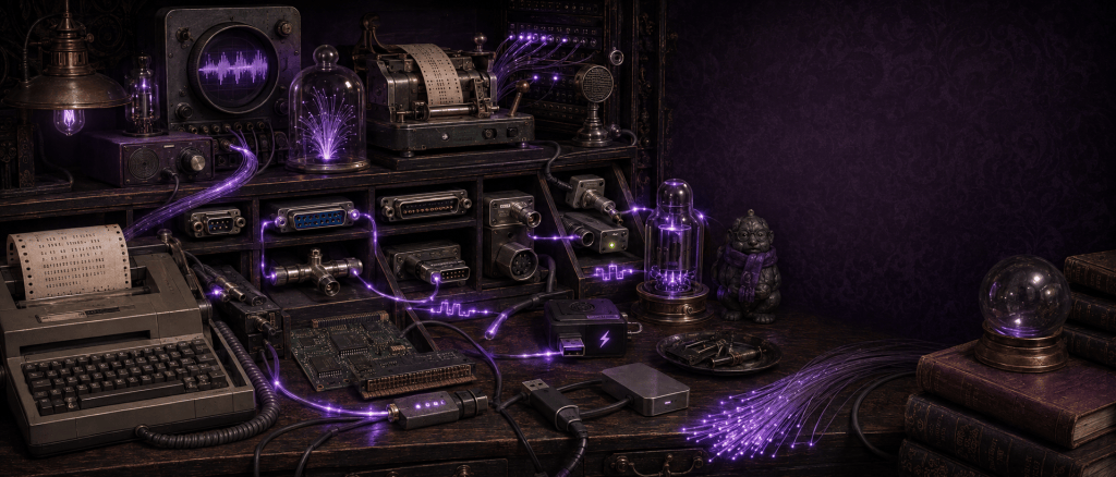 Wide, dark purple and sepia illustration for Sophie’s Compendium of Things That Talk, showing the history of computer communication as an eccentric technological workbench. Vintage serial and parallel connectors, circuit boards, punched paper tape, terminal equipment and old communications hardware sit alongside more modern USB-style interfaces and fibre optics. Glowing purple signals trace paths between the different devices, changing from electrical pulses to streams of light and suggesting data travelling through buses, cables, networks and protocols across generations of computing. The scene has the atmosphere of a Victorian laboratory crossed with an electronics workshop, with mysterious valves, instruments, books and unexplained apparatus implying that many more ways for computers to talk remain hidden in the collection. 