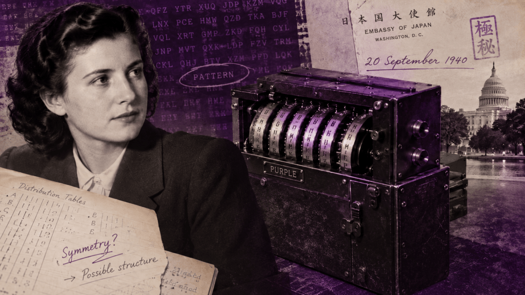 Historical collage in purple and sepia tones showing Genevieve Grotjan Feinstein beside a reconstructed PURPLE cipher machine. Behind her are streams of ciphertext and the word “PATTERN” circled, while handwritten distribution tables in the foreground are annotated “Symmetry?” and “Possible structure”, representing the statistical relationships she identified in September 1940. A Japanese diplomatic document dated 20 September 1940 and the US Capitol appear in the background, linking the cryptanalytic breakthrough to Japanese diplomatic traffic intercepted in Washington.