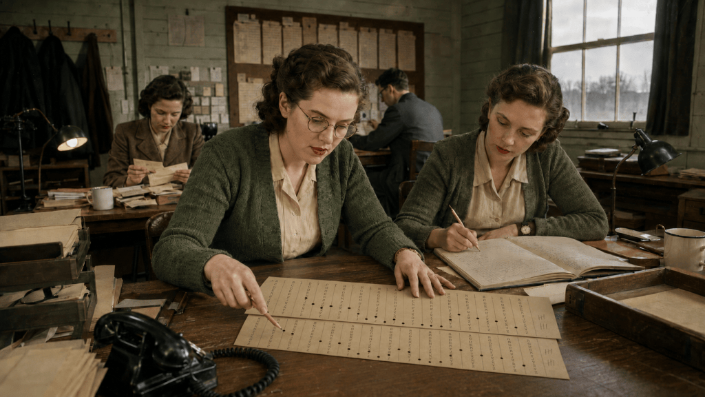 Historically informed reconstruction of Banburismus work inside Bletchley Park’s Hut 8. In a wide, muted-colour scene, Joan Clarke sits, wearing round spectacles, a cream blouse and dark green cardigan. She points with a pencil to one of two long buff paper sheets. Another woman cryptanalyst supports her and records the findings on a clipboard. Both are absorbed in the work; their restrained red lipstick provides the only vivid colour.
The sheets contain repeated vertical A–Z columns, with one hole punched in each column to represent a letter of an intercepted naval Enigma message. By sliding one sheet relative to the other, Clarke could test possible alignments. Where holes in both coincided, patterns start to emerge providing statistical evidence that two messages might share an Enigma rotor order, allowing Hut 8 to reject unlikely possibilities and reserve scarce Bombe time for the most promising ones. The women's mathematical reasoning - not a cipher machine's - is the centre of the image.