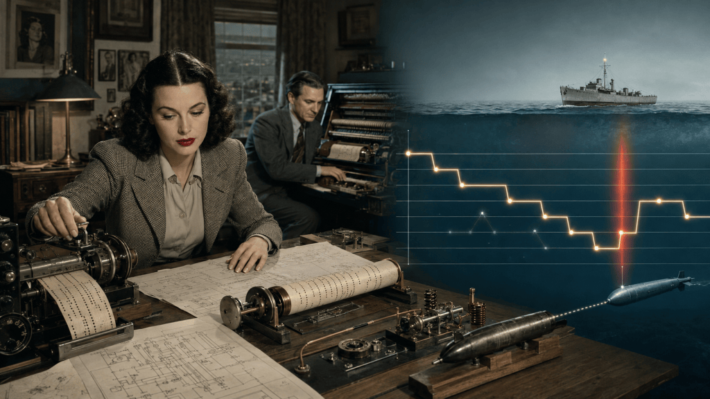 Wide, muted-colour historical illustration of Hedy Lamarr and George Antheil developing their wartime “secret communication system”. In the foreground, Lamarr, with dark 1940s waved hair and vivid red lipstick, concentrates on a stylised radio-control mechanism beside patent drawings, clockwork components and two perforated player-piano rolls. Antheil works at an exposed player-piano mechanism behind her. The right half becomes a cutaway view of a warship above the sea and a torpedo below it. A glowing stepped line crosses several horizontal radio-frequency channels, representing the transmitter and torpedo receiver changing frequency together. A narrow red vertical band represents a jammer fixed on one frequency: it obstructs the signal only briefly before the signal hops elsewhere and continues. A fainter secondary path suggests the patent’s misleading decoy transmissions.