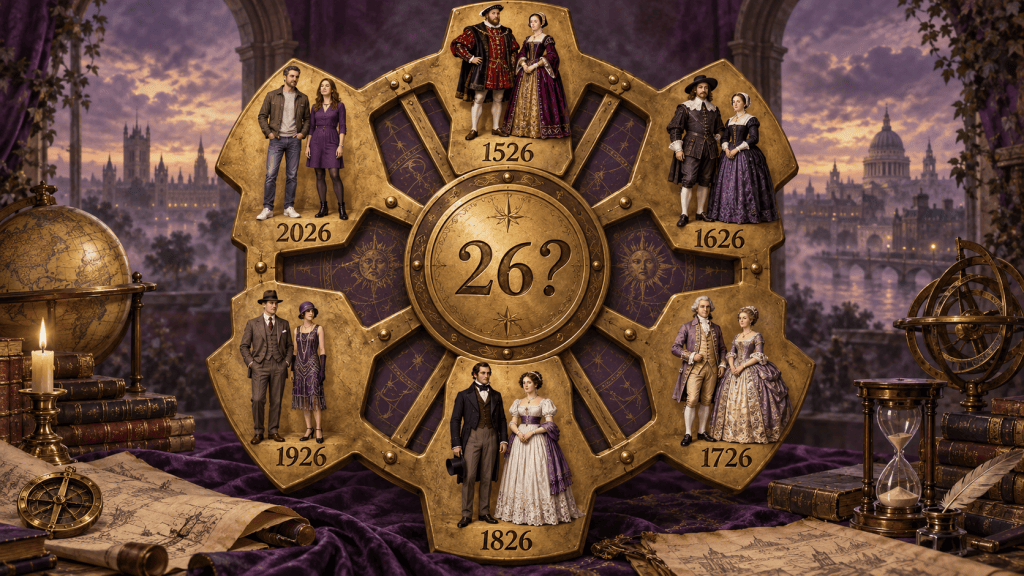 A brass wheel with six broad cog teeth, each displaying a man and woman in clothing representing a different century. Clockwise from the top, the pairs are labelled 1526, 1626, 1726, 1826, 1926, and 2026, progressing from Tudor dress to contemporary clothing. A large “26?” fills the central hub: all six years become indistinguishable when their first two digits are removed. Purple fabric, old books, maps, a globe, and an hourglass surround the wheel, with a historic city skyline beyond.