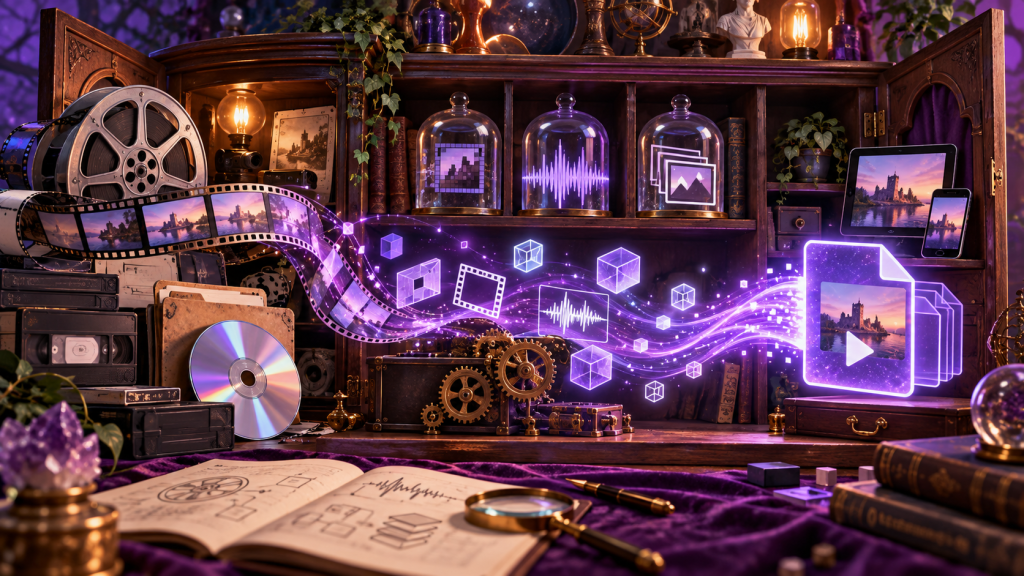 Wide, richly detailed purple-and-gold illustration of a cabinet of computing curiosities representing the history, structure, conversion, and preservation of digital media. On the left are older media and recording technologies, including a large film reel, curling filmstrip, cassette-like media, stacked cases, and an optical disc. The film frames show the same castle beside a lake at sunset. In the centre, an ornate wooden cabinet contains glass domes holding symbolic digital elements, including a pixelated image, an audio waveform, and stacked picture frames. A glowing stream of purple data flows across the scene from left to right, carrying film-frame symbols, waveforms, cubes, and small blocks through a cluster of brass gears, suggesting codecs, containers, compression, and transcoding. On the right, the stream resolves into a glowing modern video-file icon showing the castle image, with the same scene also displayed on a tablet and smartphone. Books, plants, lamps, scientific instruments, notebooks, and a magnifying glass give the scene the appearance of a digital-archaeology workbench, combining old and new media technologies in a single cabinet.