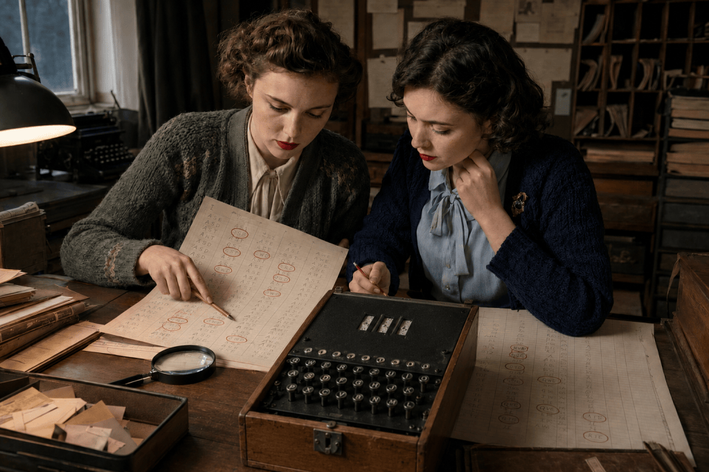Two young women cryptanalysts work side by side at a wooden desk in a dimly lit 1940s Bletchley Park office. One traces recurring three-letter groups through an intercepted Enigma indicator log with a pencil while her colleague studies the adjoining records, ready to annotate them. Their concentrated expressions and close collaboration convey the diligence behind the discovery. An open three-rotor Enigma machine, magnifying glass and stacks of coded papers surround them. Cold window light and warm lamplight soften the muted browns, greys and blues; their red lipstick and the circles marking suspicious patterns provide the only vivid colour. The women are unmistakably the central analysts, whose intelligence and painstaking observation turned routine human habits into vital wartime intelligence.
