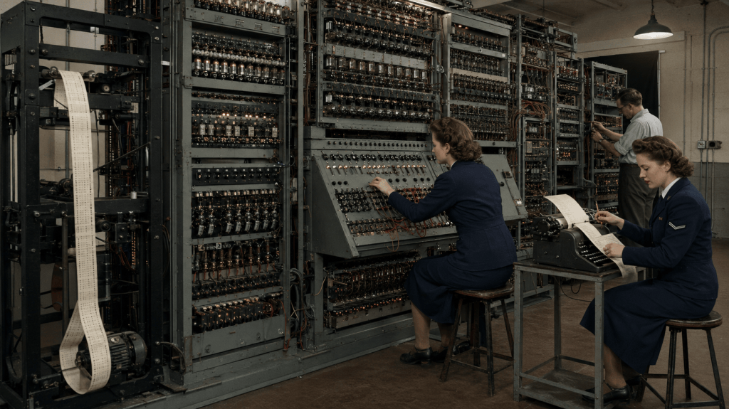 Wide, muted-colour reconstruction of a working Colossus Mark II inside Bletchley Park’s Block H. The enormous grey-green computer dominates the room: tall steel racks packed with thermionic valves, relays, wiring, counters, and switching components. At the far left, its black steel “bedstead” reader carries a fast-moving loop of cream perforated teleprinter tape. A seated Wren operates the central sloping panel of toggle switches, rotary selectors, sockets, and patch leads, while another checks the paper output from a black electric typewriter with a pencil. Behind them, a standing Post Office engineer works inside an open equipment rack.

Colossus is not printing decrypted German. The tape carries intercepted Lorenz ciphertext; the machine electronically simulates cipher-wheel patterns, applies programmable Boolean tests, counts statistical correlations, and prints the unusually promising results for cryptanalysts to investigate. Warm amber valves glow among the otherwise sober wartime colours. The machine supplies astonishing speed; the people supply configuration, interpretation, and intelligence.
