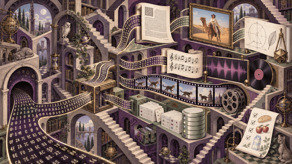 A wide, highly detailed editorial illustration in deep purple, cream, sage green, charcoal, and antique gold, resembling an impossible Escher-like Gothic library. From a dark arch at the lower left, glowing ribbons covered in binary digits and hexadecimal byte pairs stream through machines, over bridges, and around staircases that lead in contradictory directions.
As the same stream of bytes winds through the scene, it acquires different structures and meanings: a typeset document unfurls at the top; an ornate gold frame contains a desert image of Sophie, dressed in flowing white and a purple hat, riding a camel; a scroll displays a precise geometric vector drawing; another carries musical notation beside a magenta audio waveform and a vinyl record; a strip of film shows successive frames of a walking cat before curling towards a reel; card files and stacked silver disks represent structured records and a database; and, at the far right, a curled shopping list has tick boxes and pictures of bread, apples, and milk.
Books, armillary spheres, hourglasses, plants, an owl, and two observant cats inhabit the impossible architecture. The visual joke—and the article’s central point—is that every output begins as bytes: a file format supplies the grammar that tells software whether those bytes mean prose, a picture, music, film, data, or groceries.