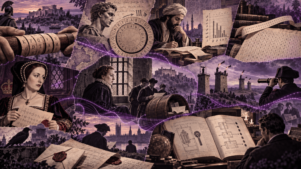 Purple-and-sepia historical collage illustrating Octet the First: Interception and Open Design, the first eight artefacts in a history of cybersecurity. At the upper left, hands hold a strip of writing wrapped around a wooden staff, representing the ancient Spartan scytale and the idea that visible information may require the correct physical key or context to become readable. Behind it are a classical city and military figures. Nearby, a Roman-style figure, alphabet wheels, and shifted letters represent the Caesar cipher and the distinction between a cipher’s public method and its secret key.

Across the upper centre, a scholar in medieval Islamic dress studies manuscripts beside a chart of letter frequencies, representing al-Kindī and the emergence of systematic cryptanalysis through counting the statistical patterns of language. Beside this are cipher alphabets, tables, and repeated letter sequences representing polyalphabetic and Vigenère-style encryption, where changing alphabets frustrate simple frequency analysis but repeated keys create new patterns for an attacker to exploit.

At the lower left, a Tudor queen holds a ciphered and sealed letter, representing Catherine of Aragon and confidential communication as political agency, diplomacy, workflow, and trust. Near the centre another royal woman sits beside correspondence, messengers, and a barrel containing concealed letters, evoking Mary, Queen of Scots, the Babington correspondence, and the danger of a communications channel secretly controlled by an adversary.

To the right, a chain of hilltop semaphore towers carries signals across the landscape while an observer watches through a telescope. This represents the nineteenth-century Blanc brothers telegraph fraud, in which deliberately introduced error signals carried covert financial information while the official corrected message remained apparently clean.

At the lower right, an open nineteenth-century technical book shows diagrams of a cipher mechanism beside papers, instruments, and an observer studying the design. This represents Auguste Kerckhoffs’ principle: a secure system should remain secure even when the enemy obtains the manual, understands the mechanism, and can inspect the device, leaving the changeable key rather than secrecy of design as the essential secret.

Fine glowing purple lines connect the scenes across different centuries, emphasising the common themes running through the octet: interception, cryptanalysis, human workflow, hostile channels, covert signalling, information leakage, and the gradual move towards open, inspectable security design.