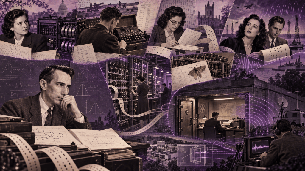 Purple-and-sepia collage representing the third octet of Sophie's A History of Cybersecurity. Across the image, people, machines, papers, punched tape, mathematical notation, radio signals, and monitoring equipment are layered together to show how supposedly secure systems can reveal information in unexpected ways.

At the upper left, a young woman stands beside cryptanalytic worksheets and a complex cipher machine, representing Genevieve Grotjan Feinstein and the breaking of PURPLE by analysing patterns in intercepted messages rather than by capturing the original machine. Nearby, an operator works at an Enigma-like machine, while handwritten tables and settings suggest the predictable human choices and procedural habits exploited in cillies.

At the upper centre, a woman studies long punched-paper sheets covered in letters and marks, evoking Joan Clarke, Banburismus, and the careful statistical comparison of Naval Enigma traffic before scarce Bombe time was committed. To the upper right, a glamorous woman and a male collaborator sit beside punched rolls and radio-wave graphics, representing Hedy Lamarr and George Antheil’s synchronised frequency-hopping concept, with wartime aircraft, radio masts, and a naval vessel in the background.

The centre of the collage contains large racks of electronic equipment and looping punched paper tape, representing Colossus and the transition from human cryptanalysis to fast, programmable electronic processing. Above the racks is a logbook page with a moth attached to it, referring to the Harvard Mark II incident in which an actual moth was found inside a relay, and to the wider themes of debugging, observability, and preserved evidence.

At the lower left, Claude Shannon sits thoughtfully beside papers covered with probability curves, information-theory diagrams, logic symbols, and punched tape, representing the mathematical foundations of secrecy and the distinction between what an observer can learn and what is merely difficult to calculate.

At the lower right, a cutaway secure room contains a person working at communications equipment while glowing purple signal lines escape through the walls and surrounding infrastructure. Outside, another figure wearing headphones watches a waveform display beside antennas and monitoring equipment. This represents TEMPEST and the idea that information may escape through unintended electromagnetic, conducted, optical, acoustic, or other physical channels even when the intended cryptographic protection remains intact.

Fine violet lines connect the different scenes across the collage, visually linking the eight artefacts through the shared theme of systems revealing more than their designers intended.
