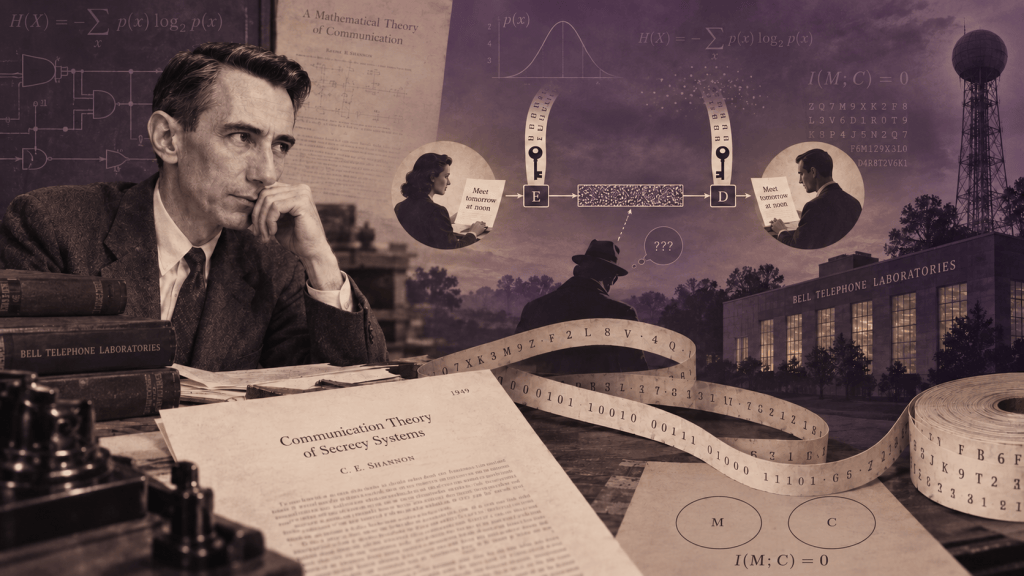 Collage in purple and sepia illustrating Claude Shannon’s work on secrecy. On the left, a thoughtful man rests his chin on his hand beside books and a paper titled “Communication Theory of Secrecy Systems”, dated 1949. Across the centre, a diagram shows a sender encrypting “Meet tomorrow at noon” with a secret key, transmitting patterned ciphertext, and a recipient using a matching key to recover the message. Beneath the transmission, a shadowy eavesdropper is shown with question marks. Mathematical formulae, logic circuits, and curling strips of printed tape surround the scene, with an illuminated Bell Telephone Laboratories building and a tower in the background. This is a symbolic illustration, not an archival photograph.