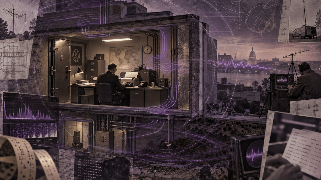Collage-style illustration in muted purple, sepia, and charcoal tones representing TEMPEST and side-channel interception during the Cold War. At the centre is a cutaway view of a concrete secure room or bunker. Inside, a man in a dark suit sits at a desk using a typewriter or cipher-related communications equipment beneath a fluorescent light. Around him are filing cabinets, a desk lamp, a wall clock, a world map, and radio or communications gear, suggesting a classified office handling sensitive messages.

The walls, floor, and ceiling of the room are shown sliced open to reveal hidden infrastructure: metal cabling, conduit runs, pipes, and an earth connection descending into the ground. Curving violet signal lines appear to leak outward from the room through the building structure, travelling along cables and into the surrounding space. These glowing lines symbolise unintended electromagnetic or conducted emissions escaping from protected equipment.

To the right, outside the building, another man sits at monitoring equipment on a rooftop or raised position, wearing headphones and watching a glowing oscilloscope-like display. An aerial beside him and other antenna structures in the background suggest remote interception of the leaked emissions. Behind him is a riverfront city skyline at dusk, with a domed building in the distance, reinforcing the atmosphere of covert surveillance in an urban government setting.

Scattered across the composition are additional visual references: antenna diagrams, engineering sketches, signal traces, strips of punched paper tape, blurred ciphertext or teleprinter output, and instrument screens displaying waveforms and spectral patterns. These elements frame the central scene and connect the image to radio engineering, cryptography, signal analysis, and eavesdropping technology. The overall effect is a dramatic visual metaphor for TEMPEST: a secure message being protected cryptographically inside a room, while the surrounding machine and infrastructure reveal information through physical side-channel leakage.

